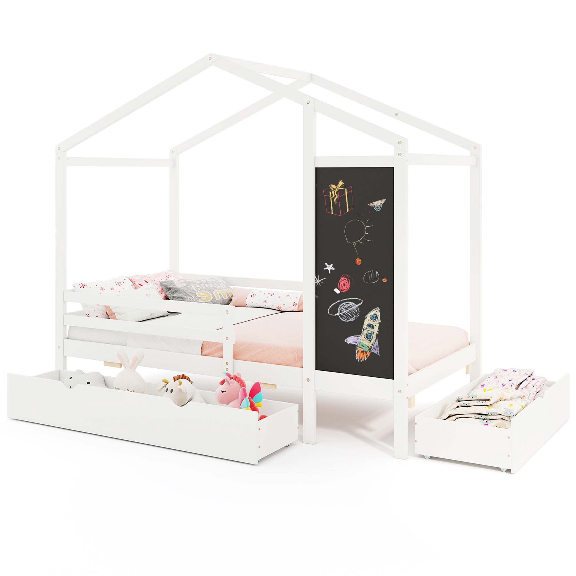 Costway Twin House Bed with 2 Storage Drawers Solid Wood Platform Bed with Blackboard White