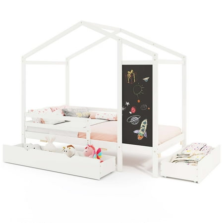 Costway Twin House Bed with 2 Storage Drawers Solid Wood Platform Bed with Blackboard - White