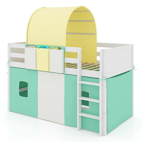Costway Twin Loft Bed with Tower & Tent 3 Storage Pockets Safety Guardrail and Ladder Turquoise