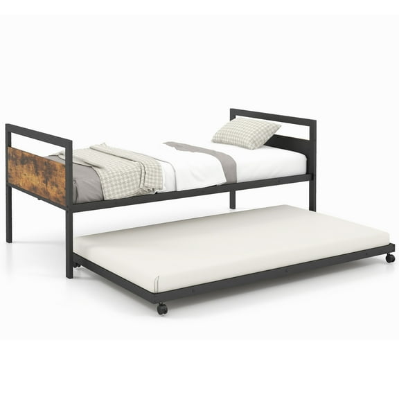 Costway Twin Metal Daybed with Trundle Lockable Wheels Heavy Duty Metal Slats Support
