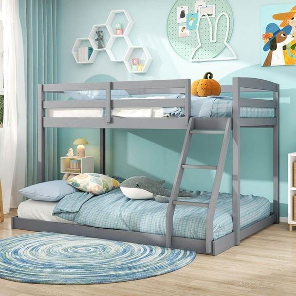 Costway Twin Over Full Bunk Bed with Integrated Ladder & Safety Guardrails Solid Wood Gray