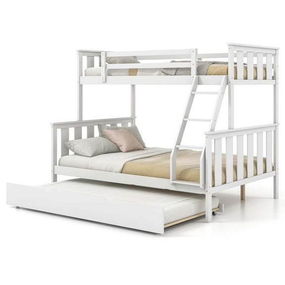 Costway Twin Over Full Bunk Bed with Trundle Ladder Safety Guardrails 3-in-1 Beds White