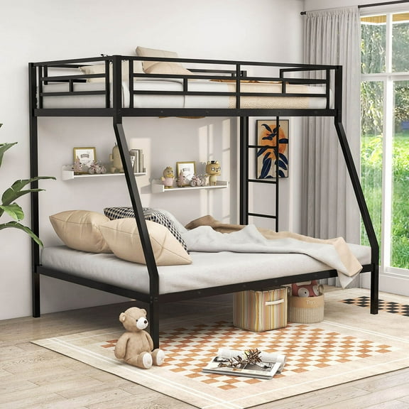 Costway Twin Over Full Metal Bunk Bed with Integrated Ladder Full-length Guardrail Black