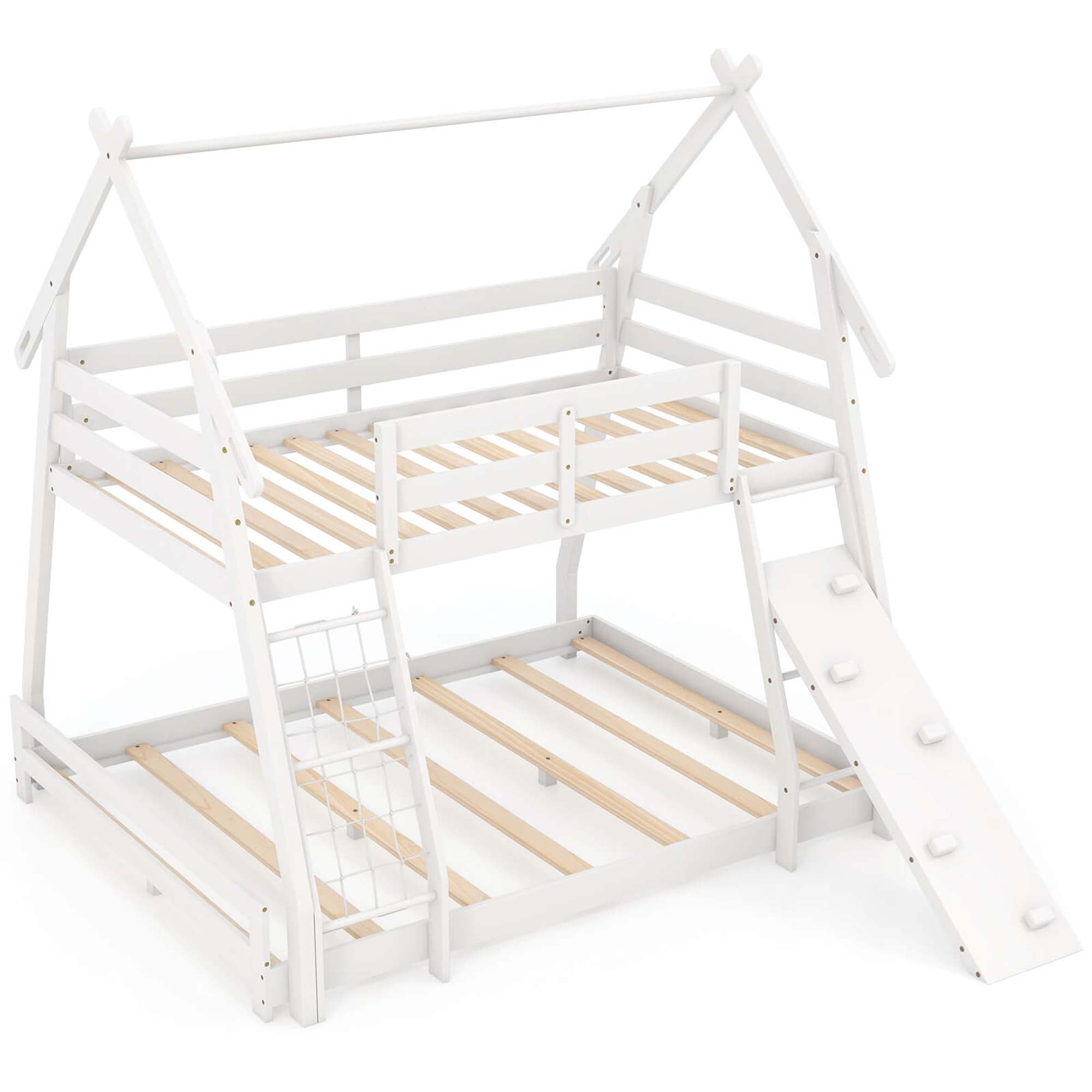 Costway Twin Over Queen Bunk Bed House Shaped Bed Frame with Climbing Nets and Ramp White