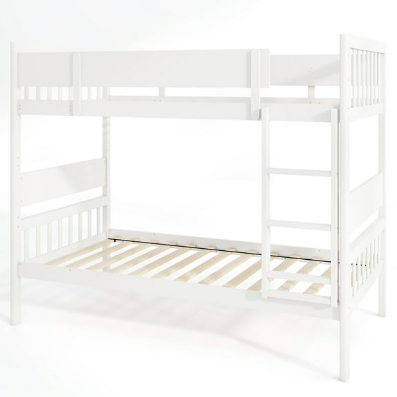 Costway Twin Over Twin Bunk Bed Solid Wood Bed Frame with Ladder Full-length Guardrails White