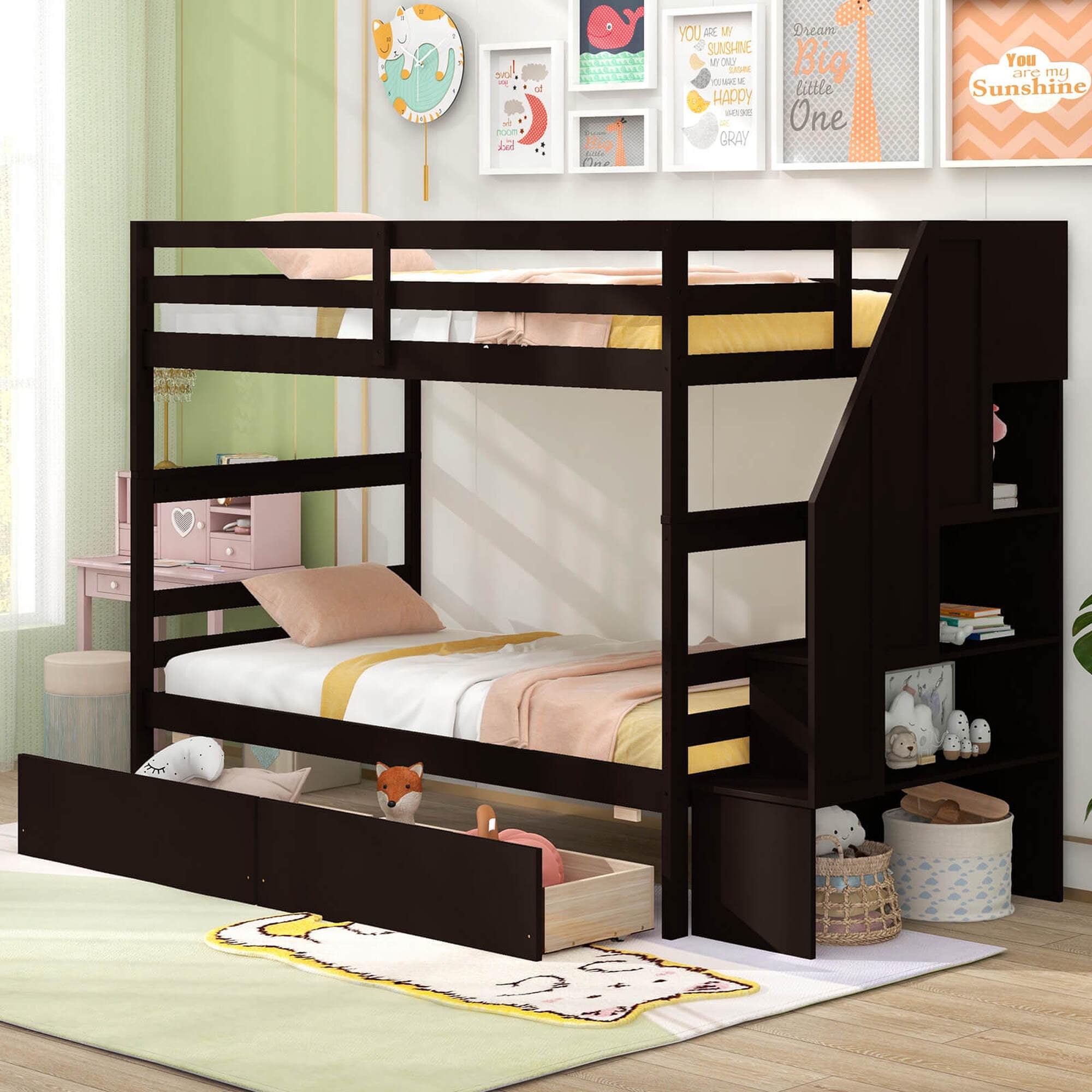 Costway Twin Over Twin Bunk Bed with Storage Stairs & Drawers Full