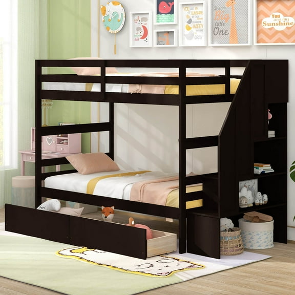 Costway Twin Over Twin Bunk Bed with Storage Stairs & Drawers Full-length Guardrails Brown