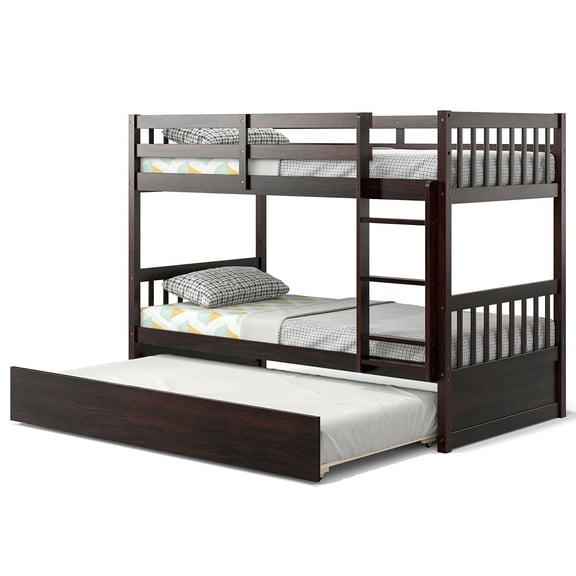 Costway Twin Over Twin Bunk Bed with Twin Trundle Solid Wood Frame Espresso