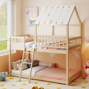 Costway Twin Over Twin House Bunk Bed with Roof, Ladder & Full-length Guardrails for Kids Natural