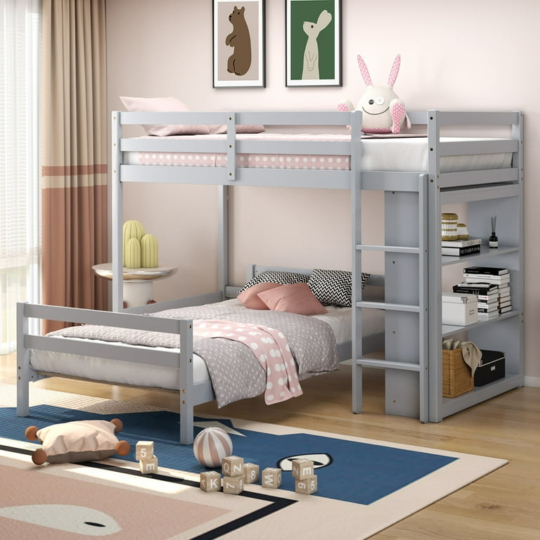 Costway Twin Over Twin Loft Bunk Bed Wood w Bookcase Guardrail Ladder Kids Bedroom Grey
