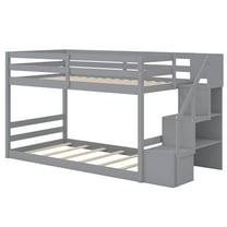 Costway Twin Over Twin Low Bunk Bed Solid Wood Floor Bunk Bed Frame with Storage Stairs Gray