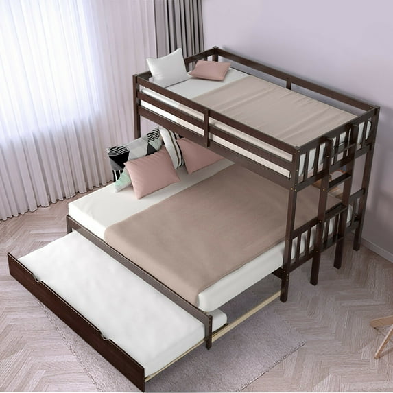 Costway Twin Over Twin Pull-Out Bunk Bed with Trundle Wooden Ladder Espresso