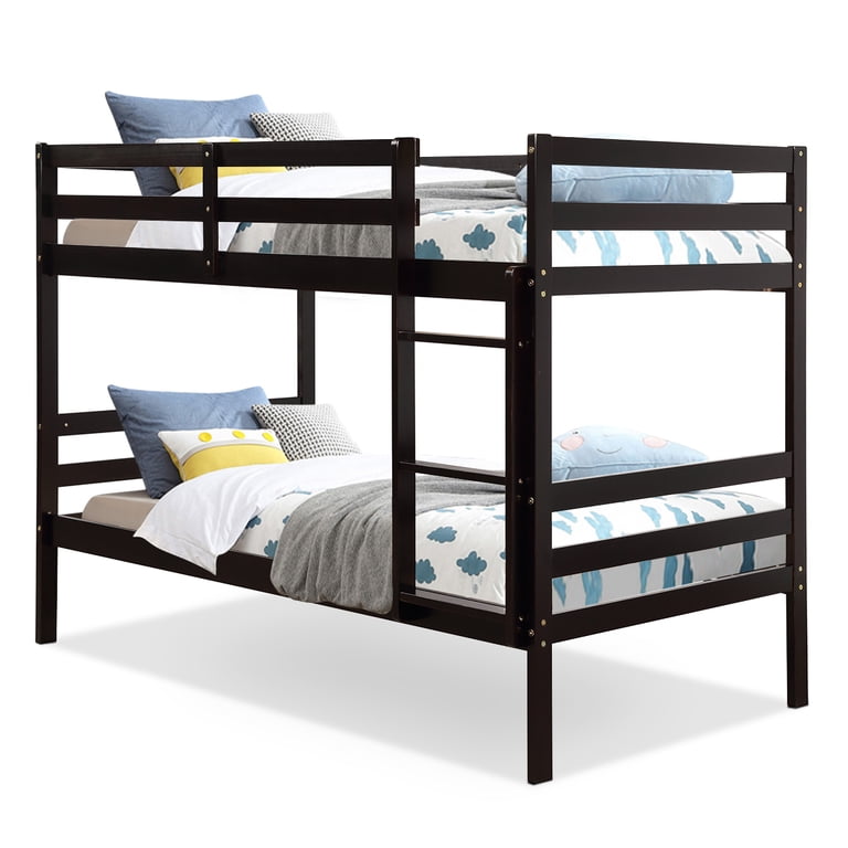 Costway Twin Over Twin Wood Bunk Bed with Ladder, Espresso photo 1