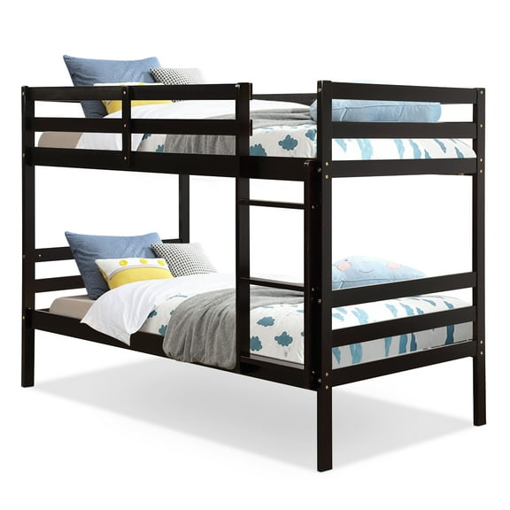 Costway Twin Over Twin Wood Bunk Beds Ladder Safety Rail Espresso