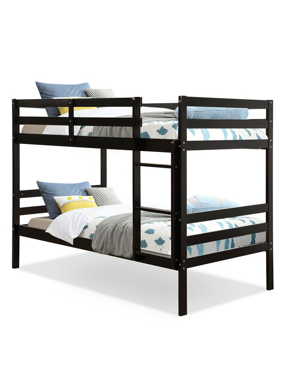 Costway Twin Over Twin Wood Bunk Beds Ladder Safety Rail Espresso