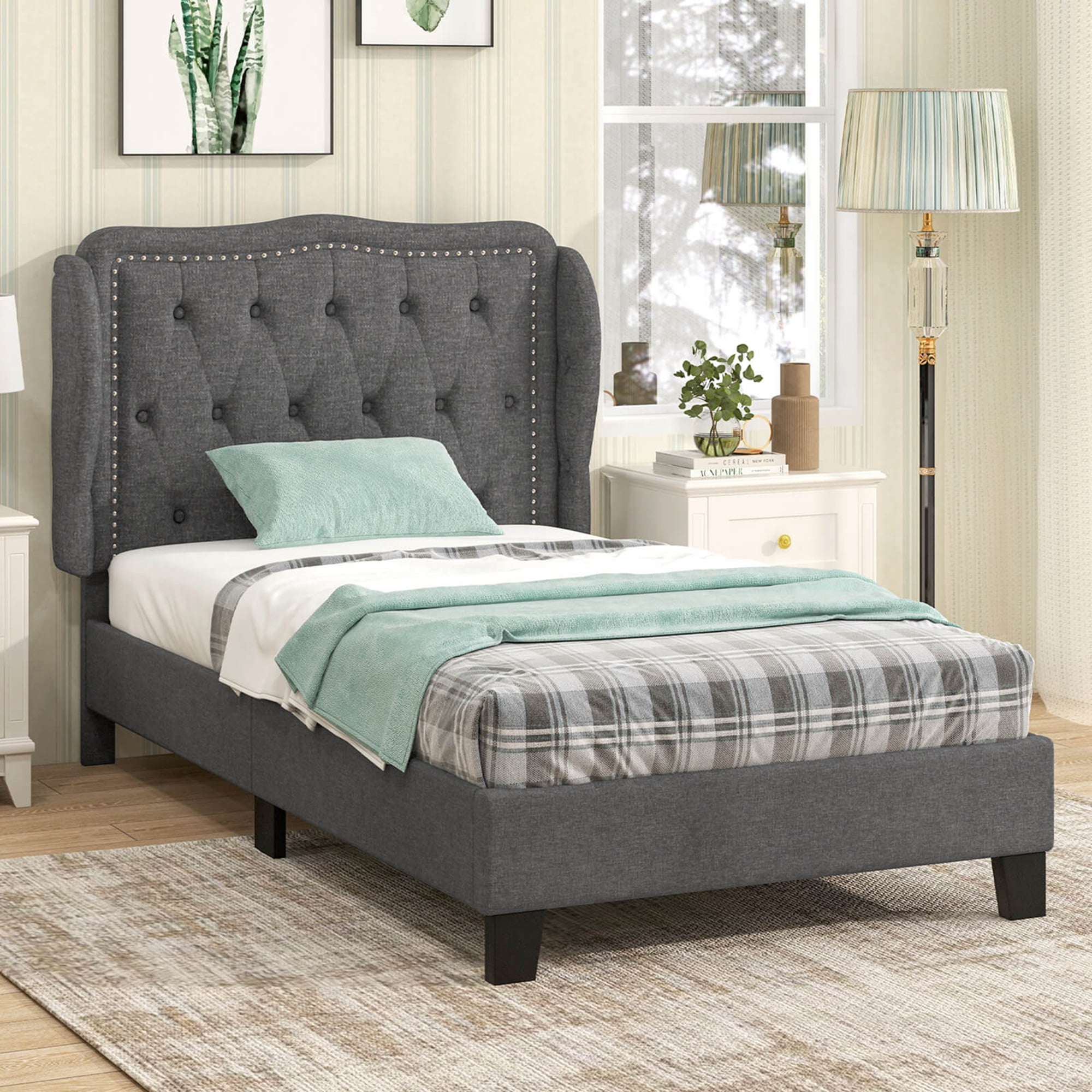 Costway Twin Size Bed Frame with Button Tufted Wingback Headboard ...