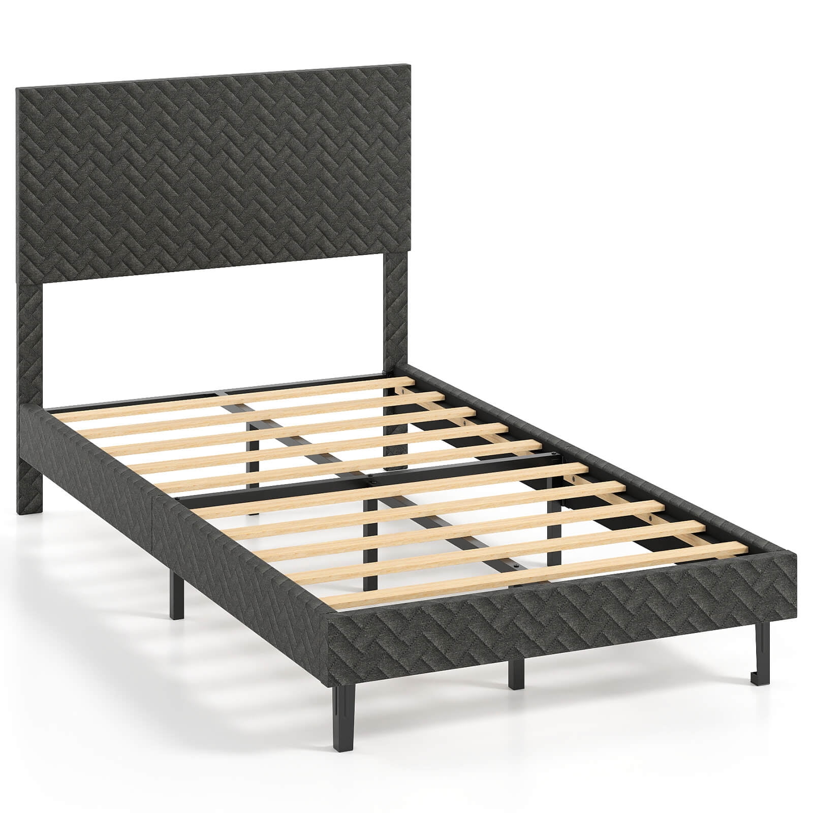 Costway Twin Size Bed Frame with Height Adjustable Chevron Headboard, No Box Spring Needed Gray