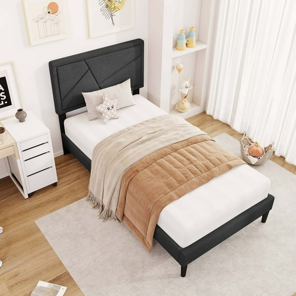 Costway Twin Size Bed Frame with High Headboard & Wooden Slats No Box Spring Needed