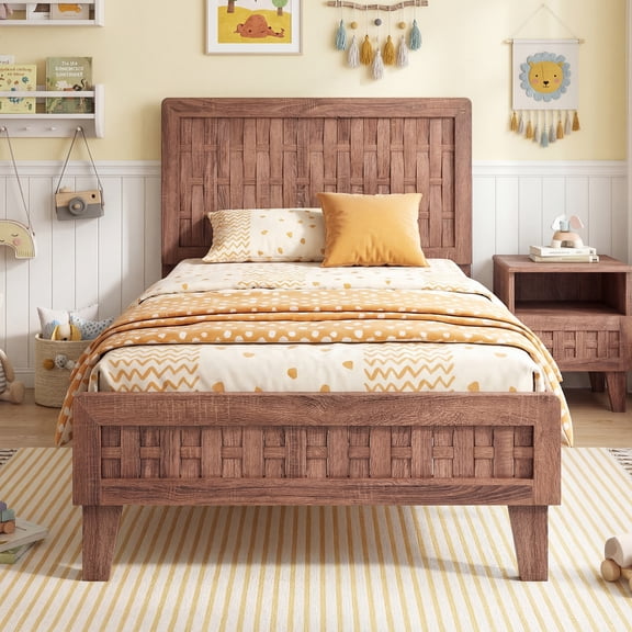 Costway Twin Size Bed Frame with Woven Accent Headboard & Footboard, Wooden Slat Support