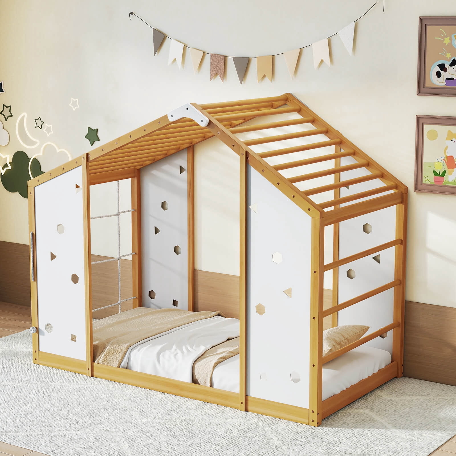 Costway Twin Size Climbing Bed, 2-in-1 Montessori Floor Bed with Monkey Bars for Boys Girls