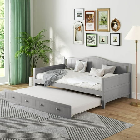 Costway Twin Size Daybed with Trundle Solid Wood Sofa Bed with Slats Support Guest Bed Gray
