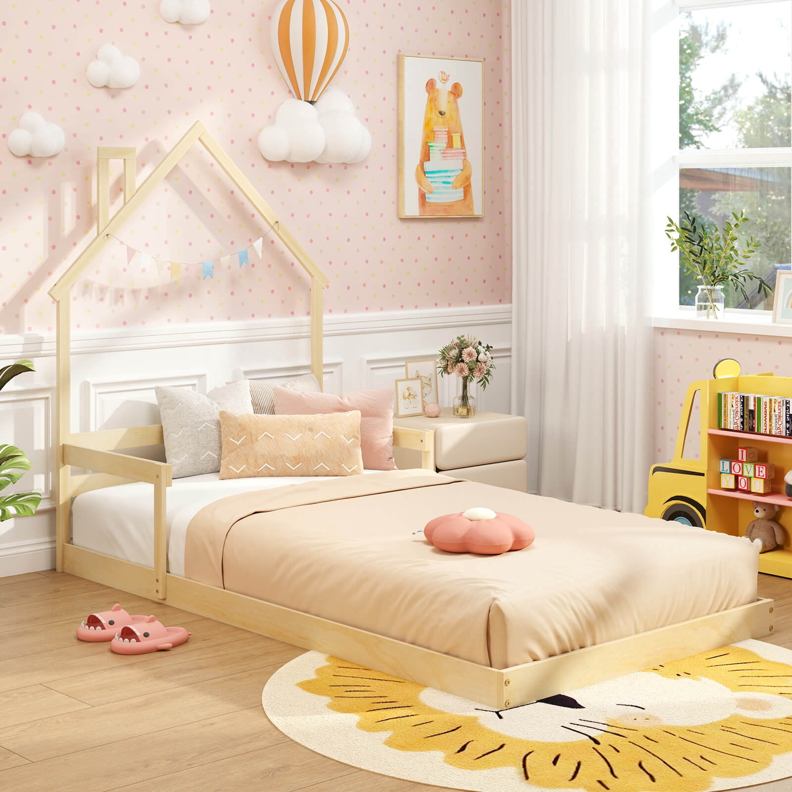 Costway Twin Size Floor Bed for Kids with Chimney Headboard & Handrail Natural