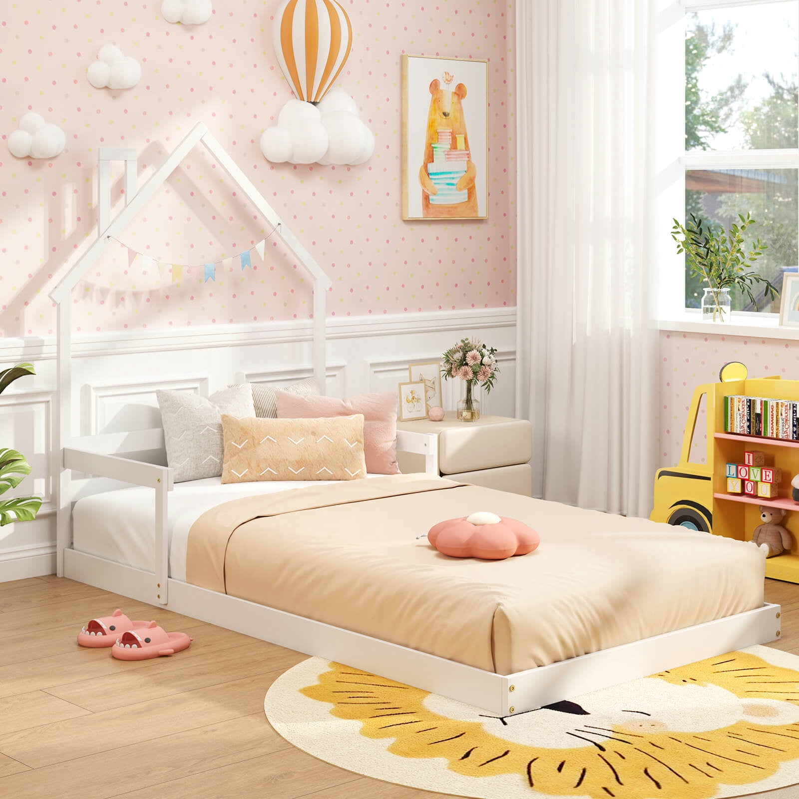 Costway Twin Size Floor Bed for Kids with Chimney Headboard & Handrail White