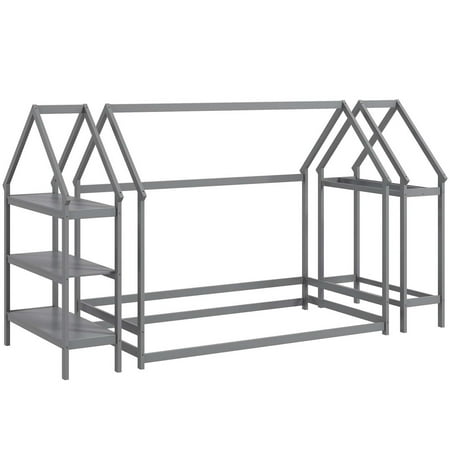 Costway Twin Size House Bed Montessori Floor Bed with Detachable Storage Shelves - Gray