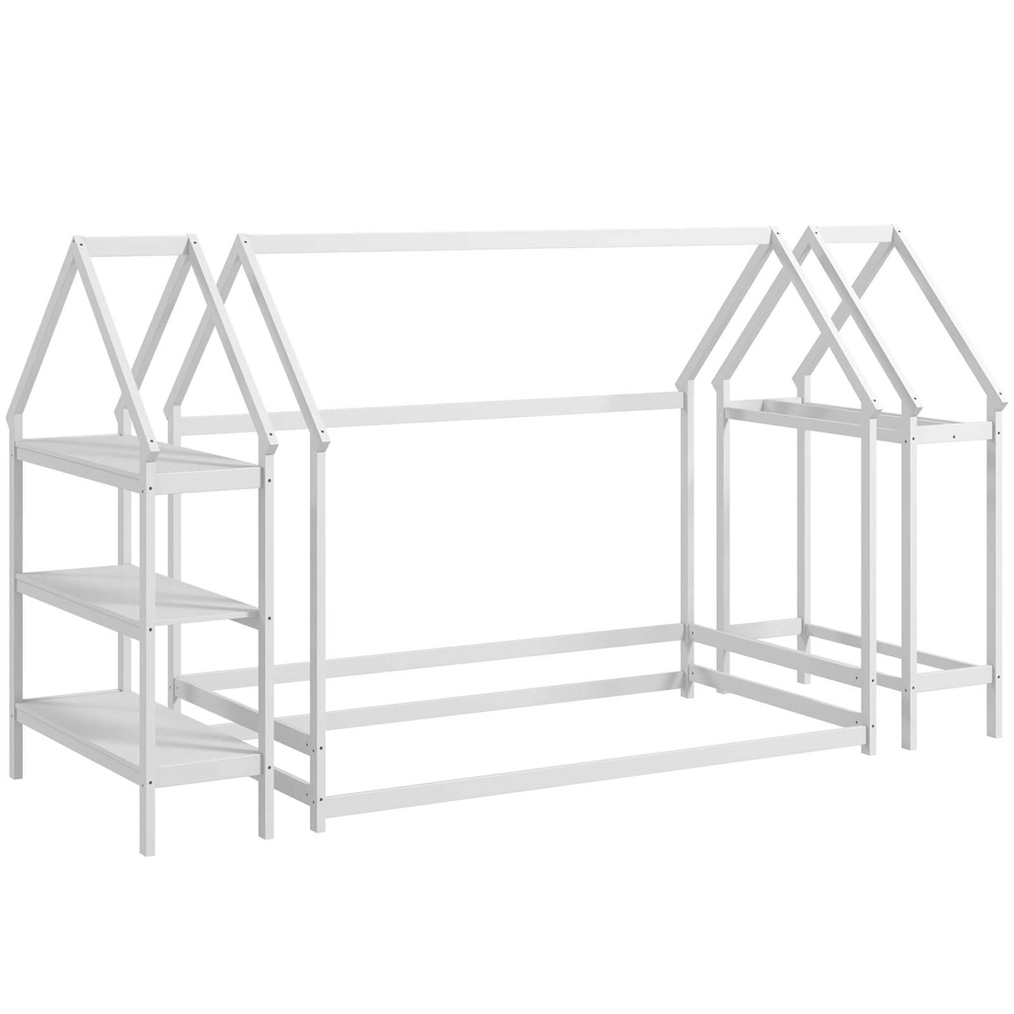 Costway Twin Size House Bed Montessori Floor Bed with Detachable Storage Shelves White