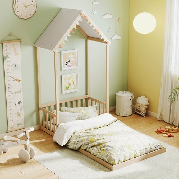 Costway Twin Size House Bed Montessori Floor Bed with House Shape Roof & Semi-Fence Natural