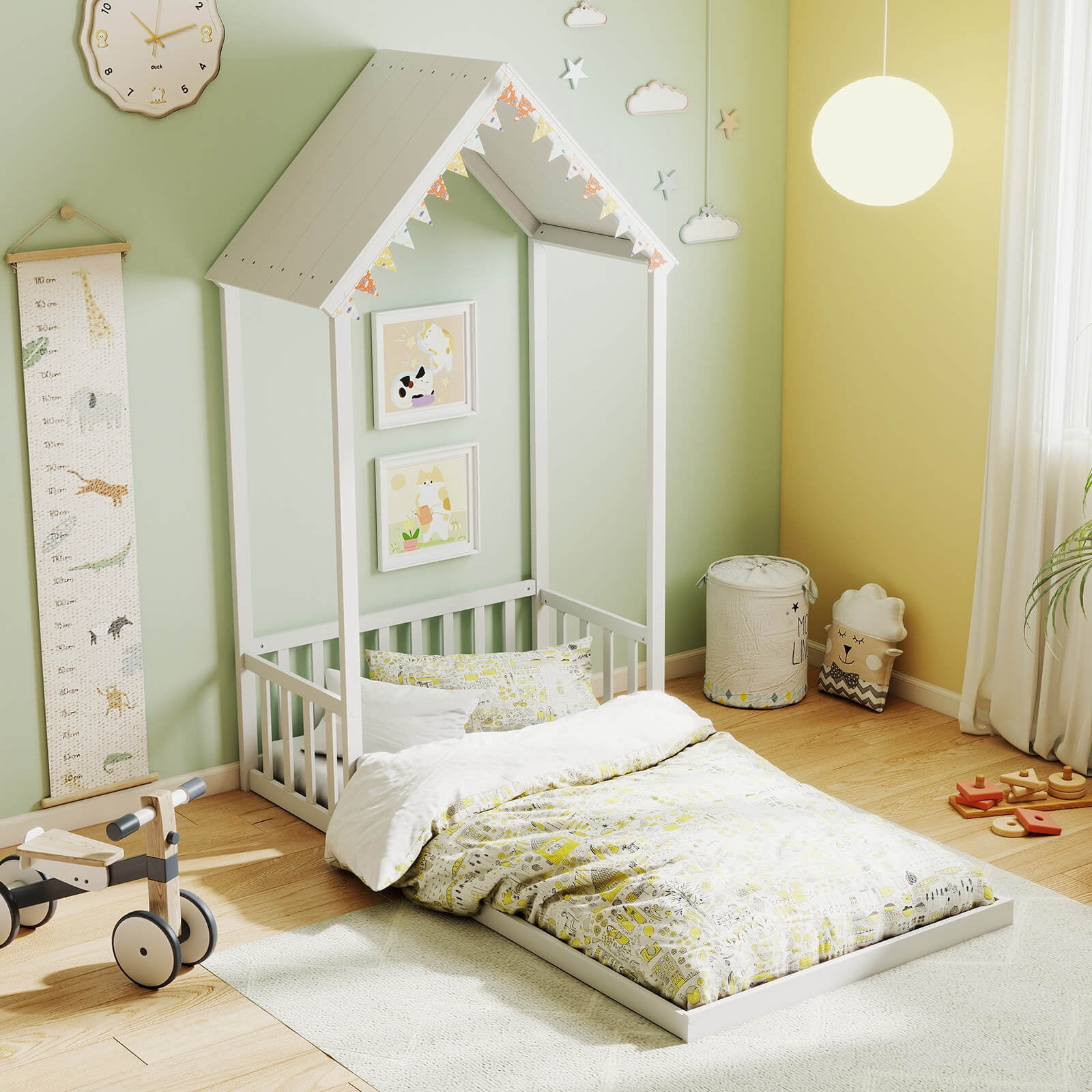 Costway Twin Size House Bed Montessori Floor Bed with House Shape Roof & Semi-Fence White
