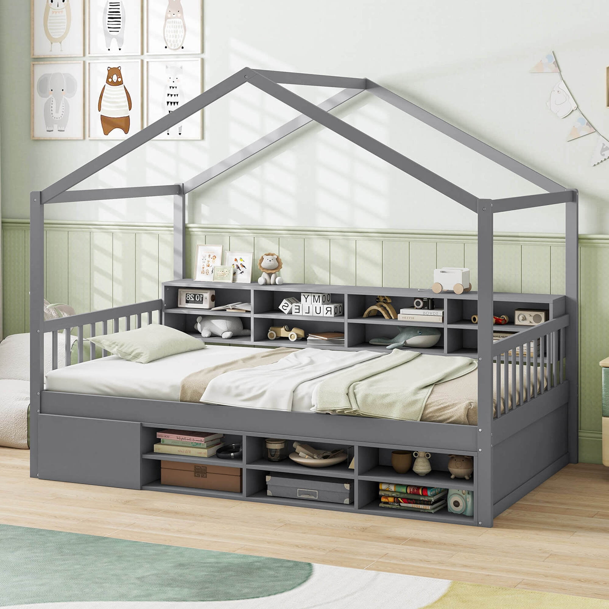 Costway Twin Size House Bed Wooden Platform Bed Frame with Roof & 14 Storage Cubes Gray
