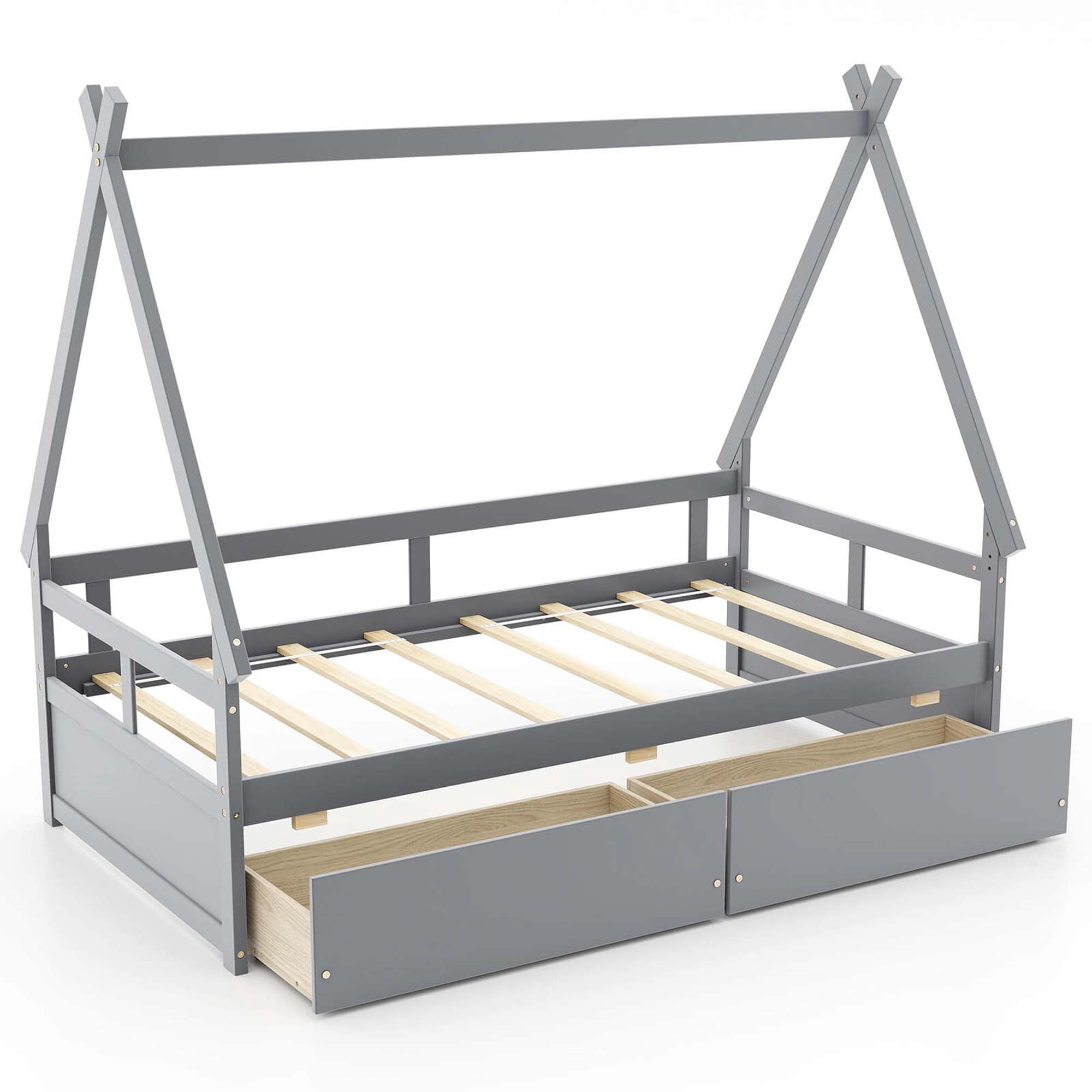 Costway Twin Size House Bed with Roof Safety Guardrail 2 Storage Drawers Wood Slat Support Gray