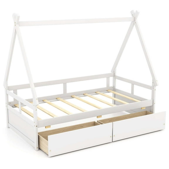 Costway Twin Size House Bed with Roof Safety Guardrail 2 Storage Drawers Wood Slat Support White