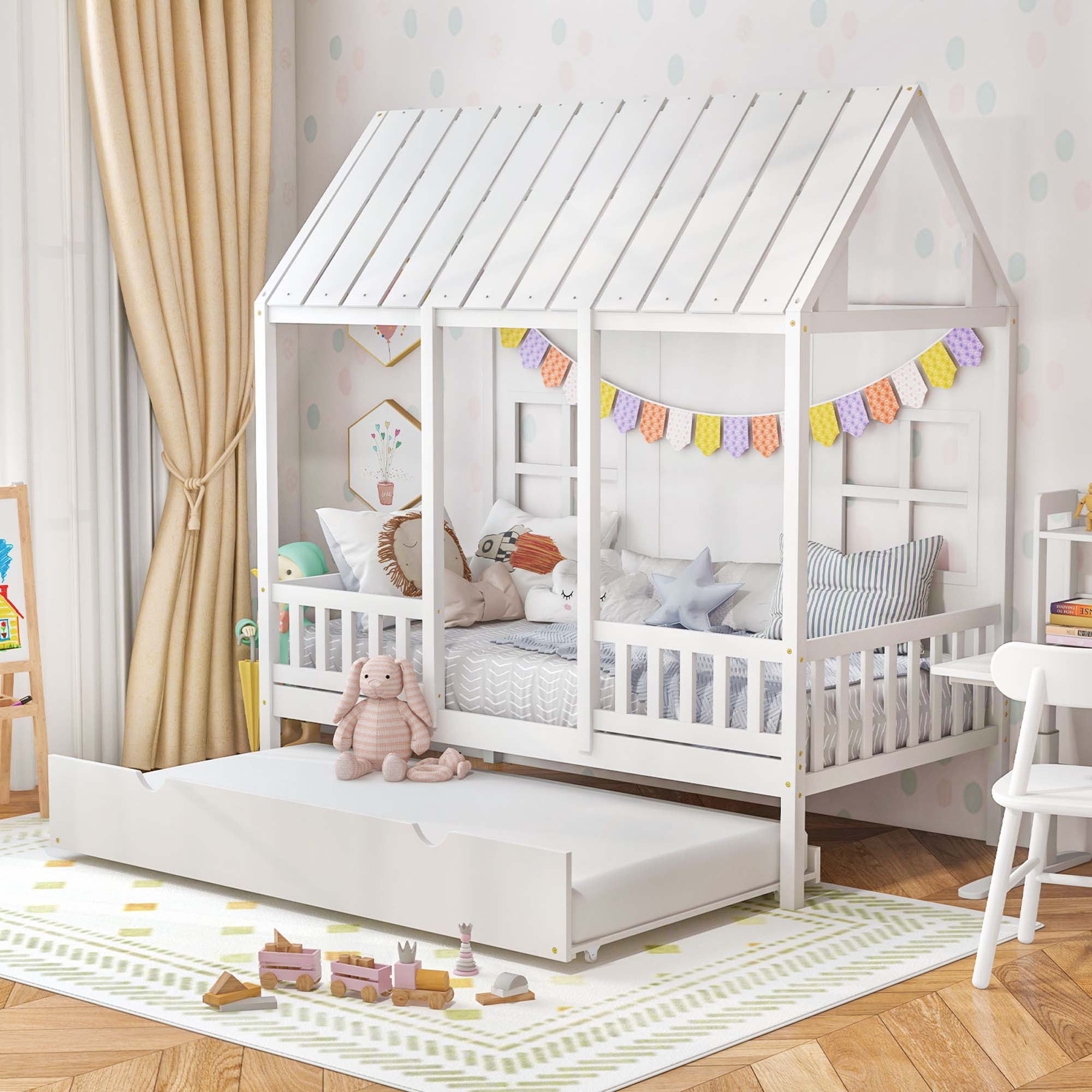 KOMFOTT Twin House Bed With Trundle - Playful Wooden Bed Frame With Roof & Window For Kids/Teens, Grey, No Box Spring