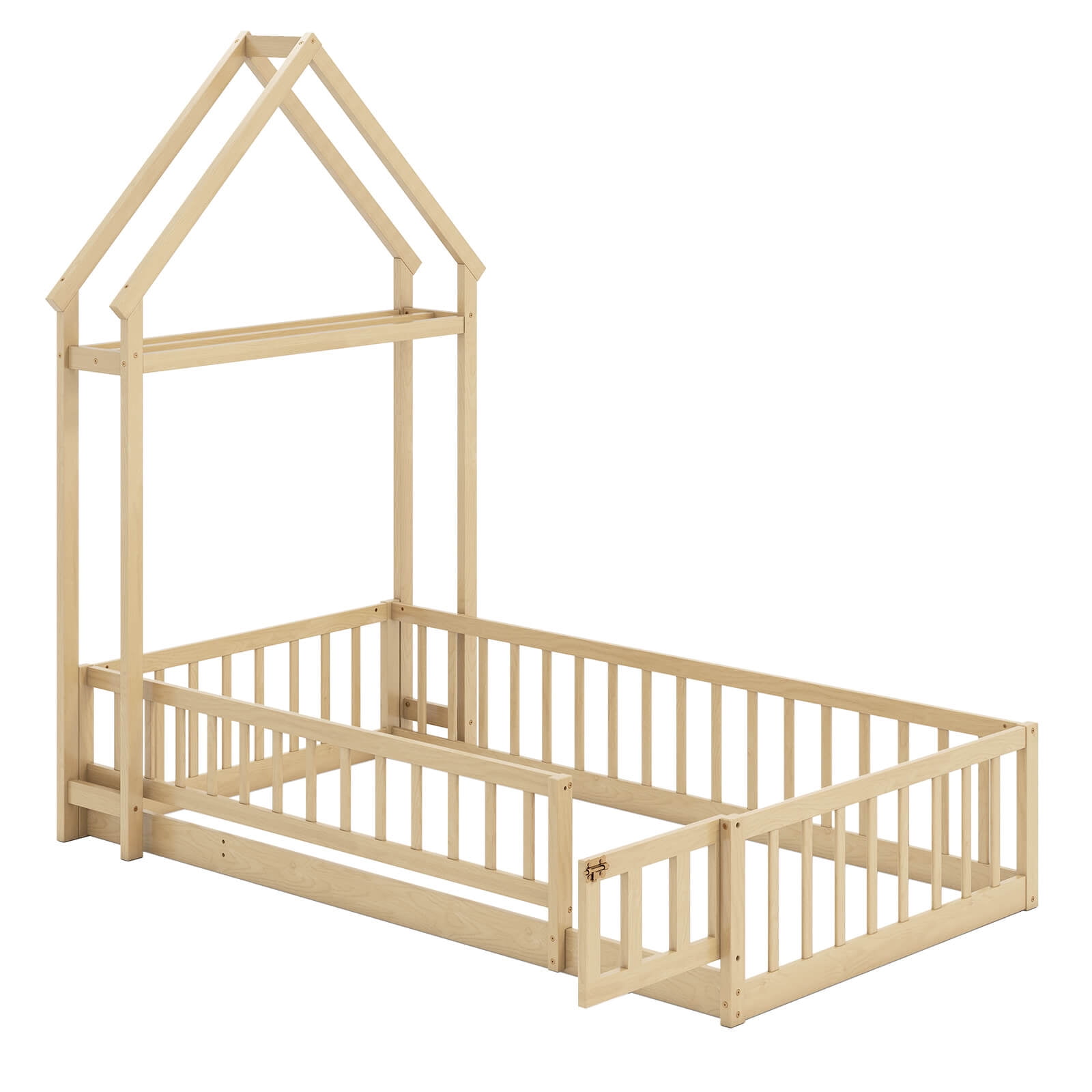 Costway Twin Size House Floor Bed with House-shaped Headboard Clothes Hanger without Slats Beige