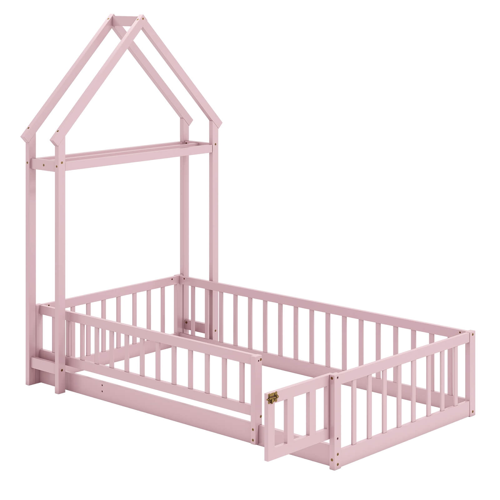 Costway Twin Size House Floor Bed with House-shaped Headboard Clothes Hanger without Slats Pink