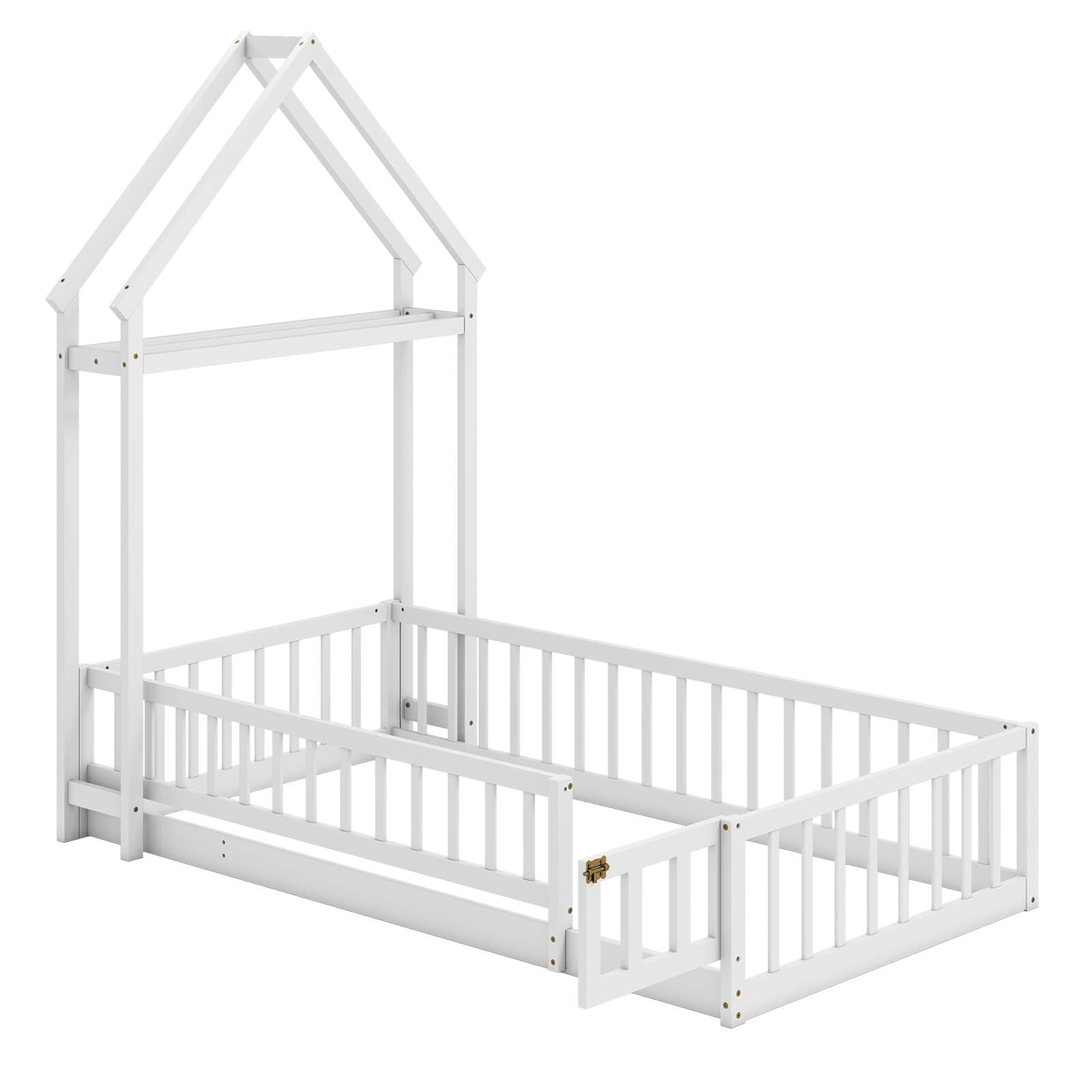 Costway Twin Size House Floor Bed with House-shaped Headboard Clothes Hanger without Slats White