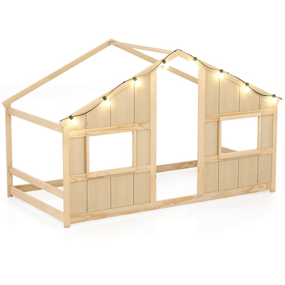 Costway Twin Size House Floor Bed with LED Lights Solid Wood Bed Frame without Slats Natural