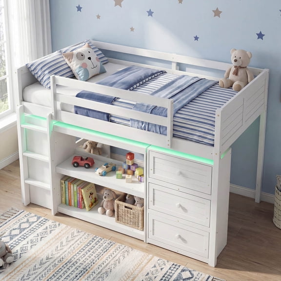 Costway Twin Size Loft Bed with LED Lights Underbed Space Drawers Shelves Ladder White