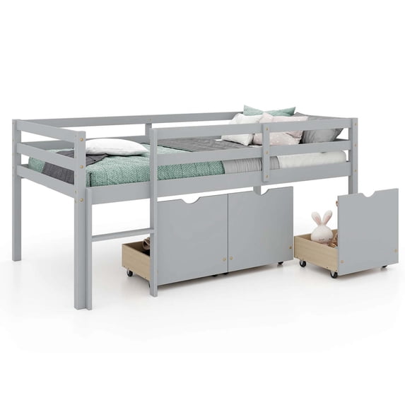 Costway Twin Size Low Loft Bed with 3 Drawers Ladder & Full-length Guardrails Storage Grey