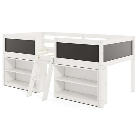 Costway Twin Size Low Loft Bed with Ramp Ladder & Bookcases Full-length Safety Guardrail - White