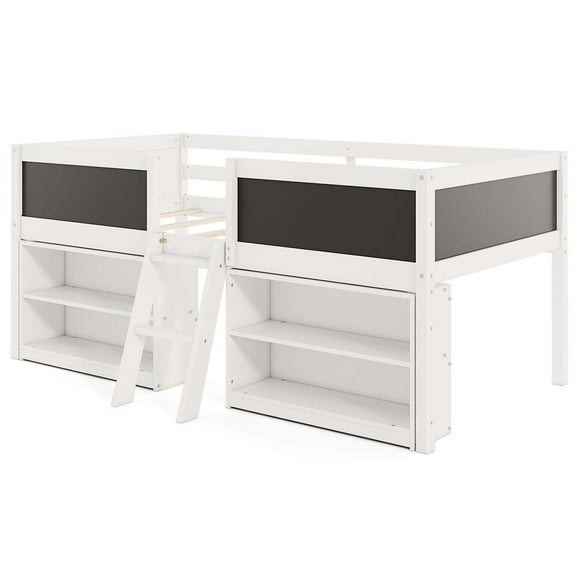 Costway Twin Size Low Loft Bed with Ramp Ladder & Bookcases Full-length Safety Guardrail White
