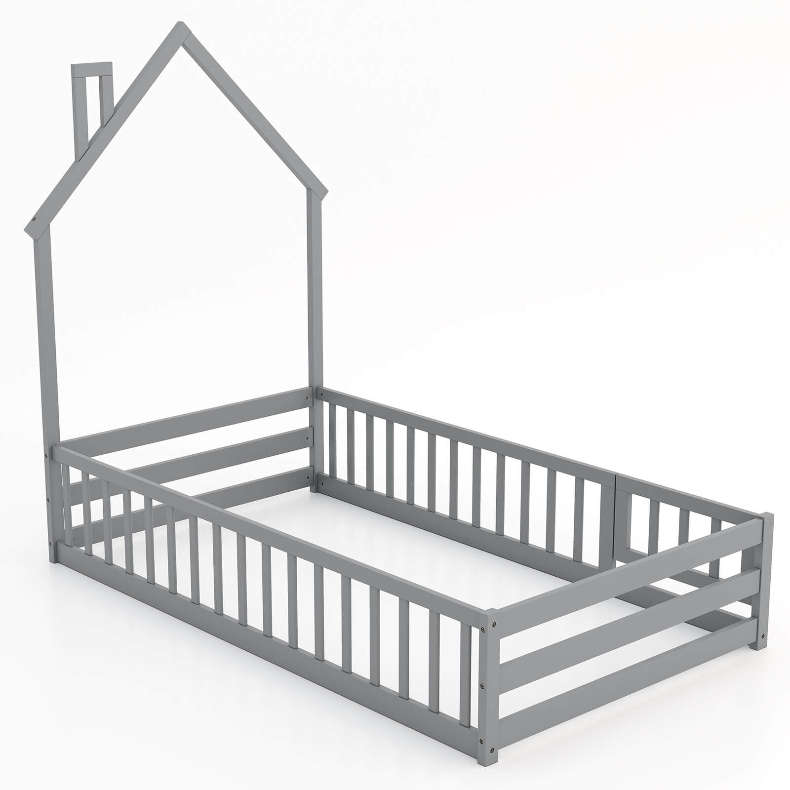 Costway Twin Size Montessori Floor Bed for Toddler with Lockable Door Full-Length Guardrail Gray