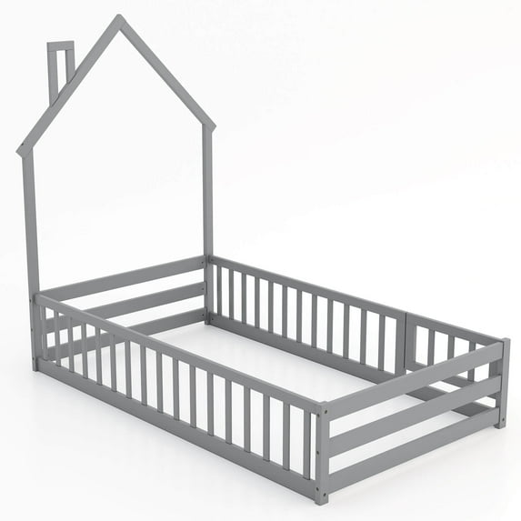 Costway Twin Size Montessori Floor Bed for Toddler with Lockable Door Full-Length Guardrail Gray