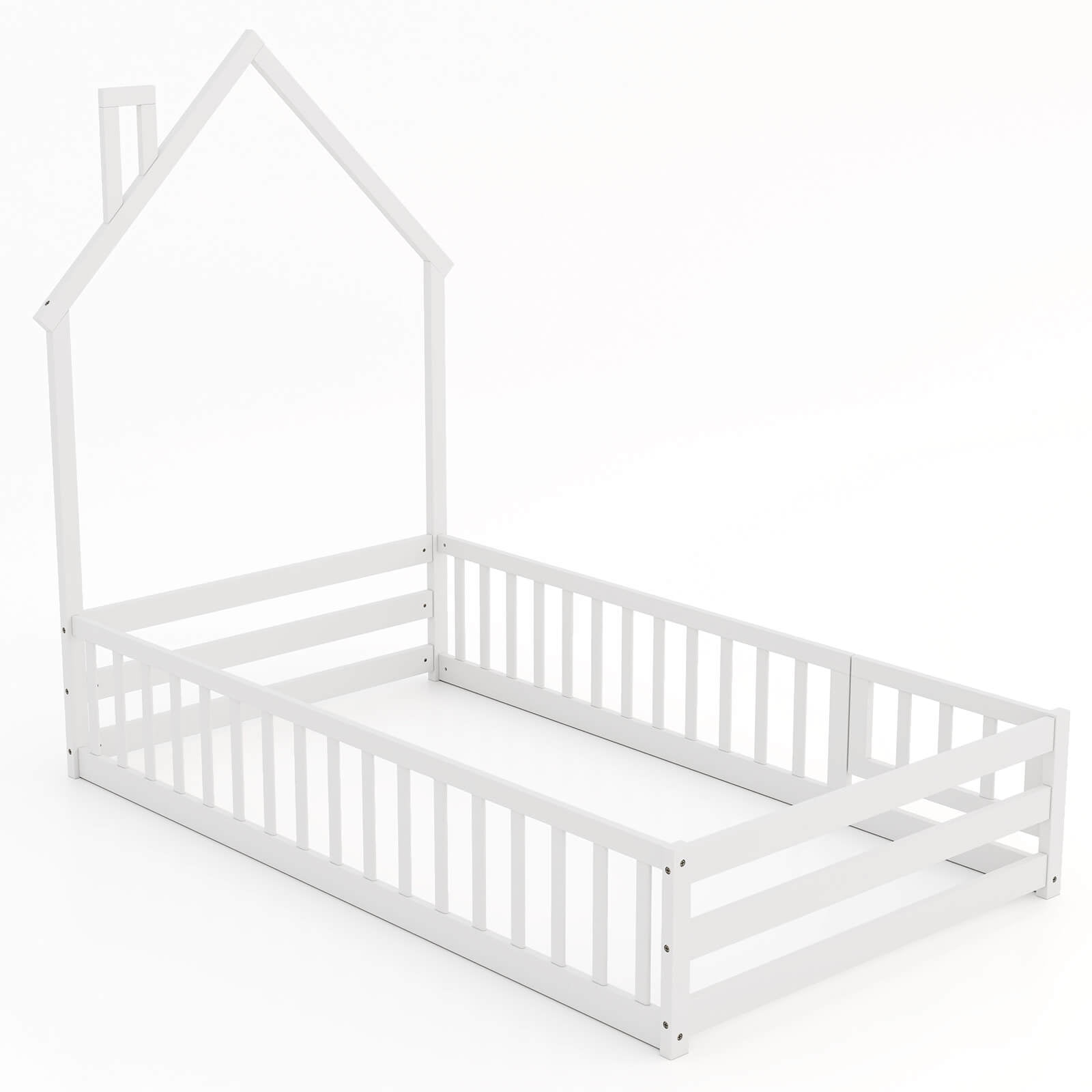 Costway Twin Size Montessori Floor Bed for Toddler with Lockable Door Full-Length Guardrail White