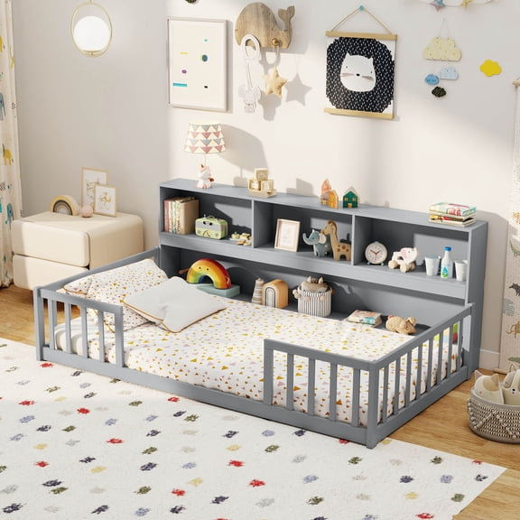 Costway Twin Size Montessori Floor Bed with Bookcase Storage Shelves & Safety Fence Rails Gray