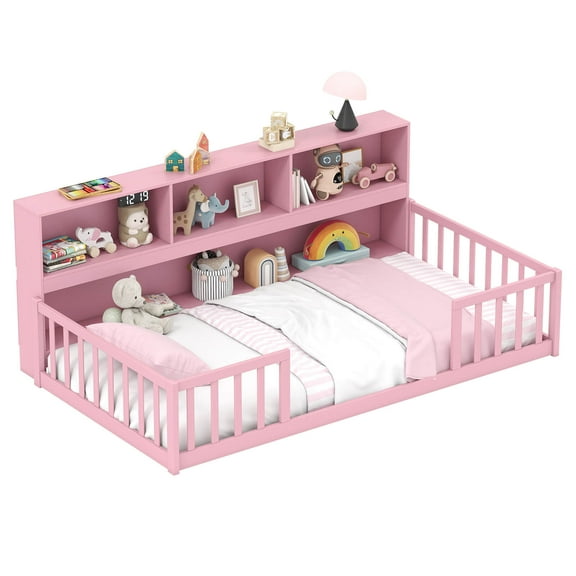 Costway Twin Size Montessori Floor Bed with Bookcase Storage Shelves & Safety Fence Rails Pink