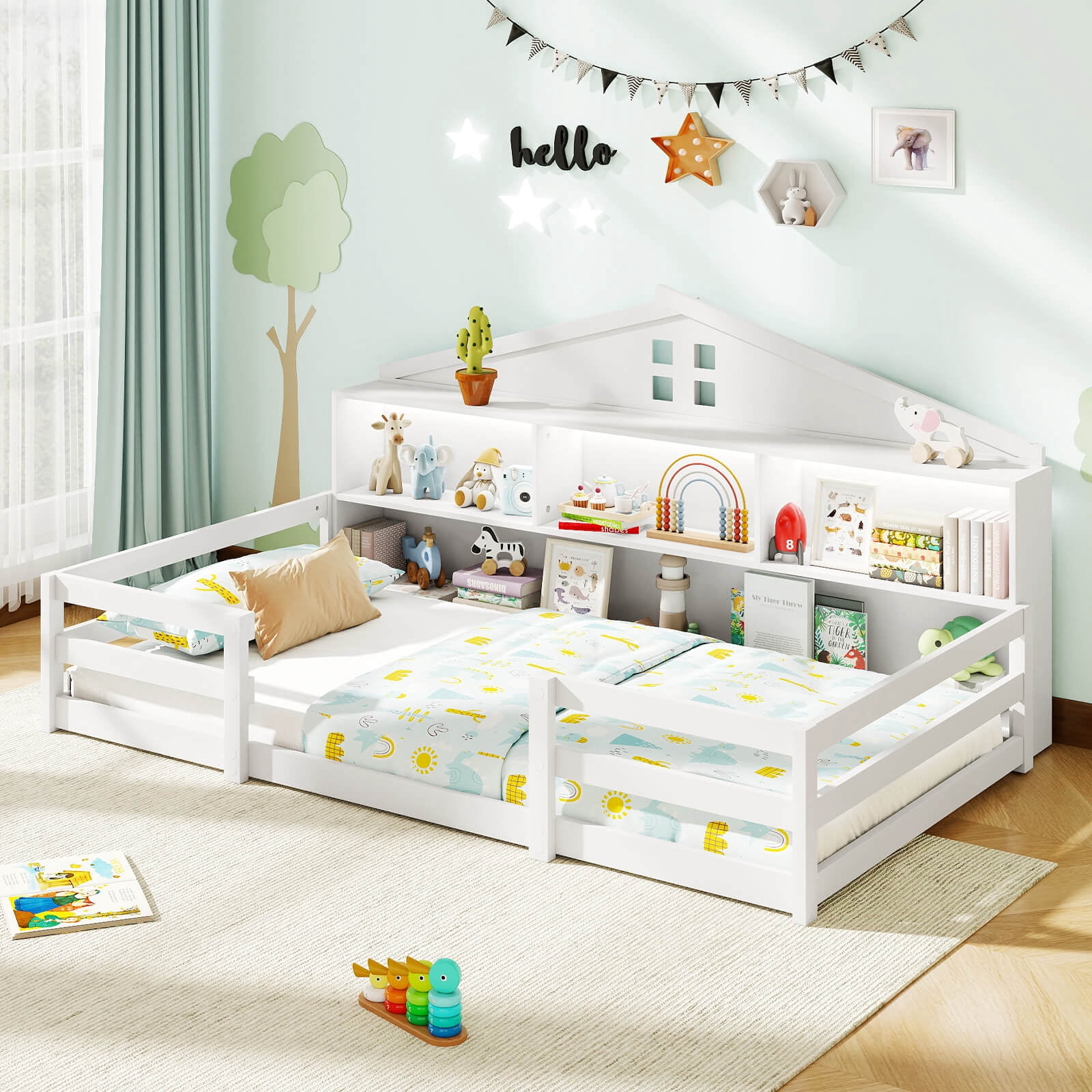 Costway Twin Size Montessori Floor Bed with LED Lights Safety Guardrails Compartments Shelf White