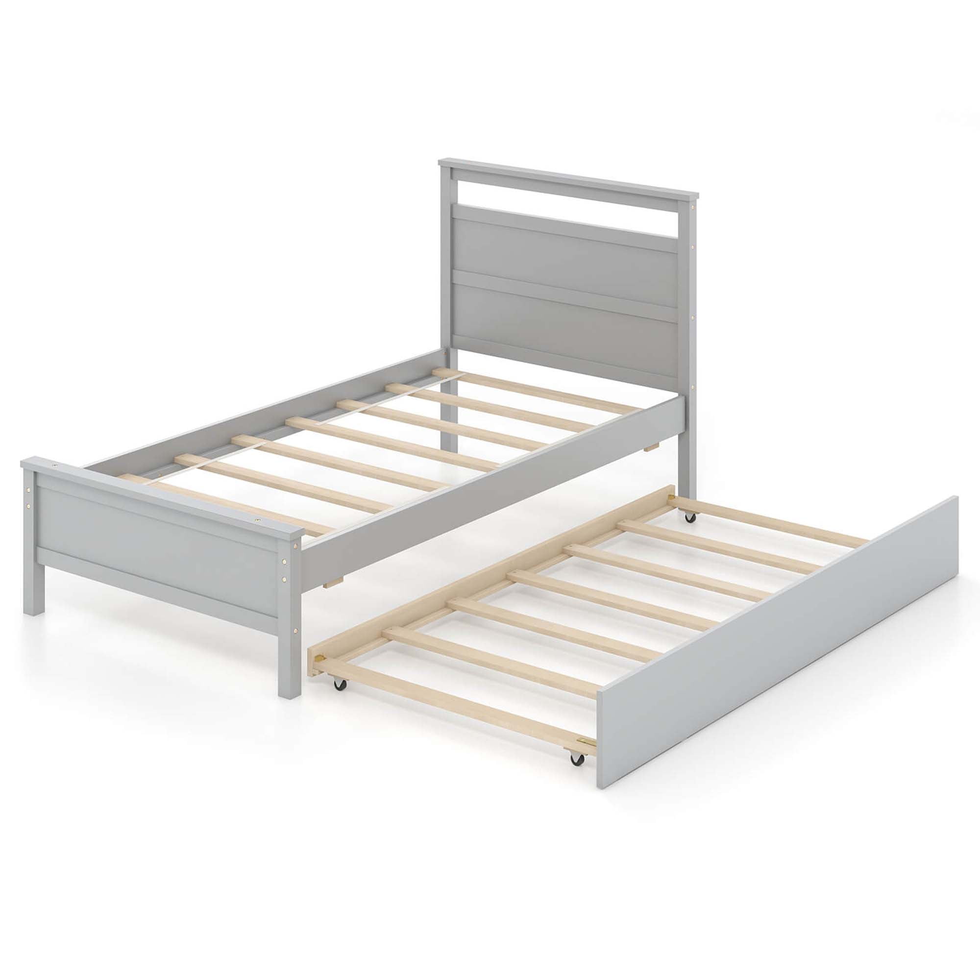 Costway Twin Size Platform Bed with Trundle Pull-out Trundle Headboard ...